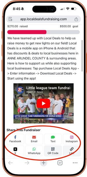 Local Deals seller page being shared on a phone